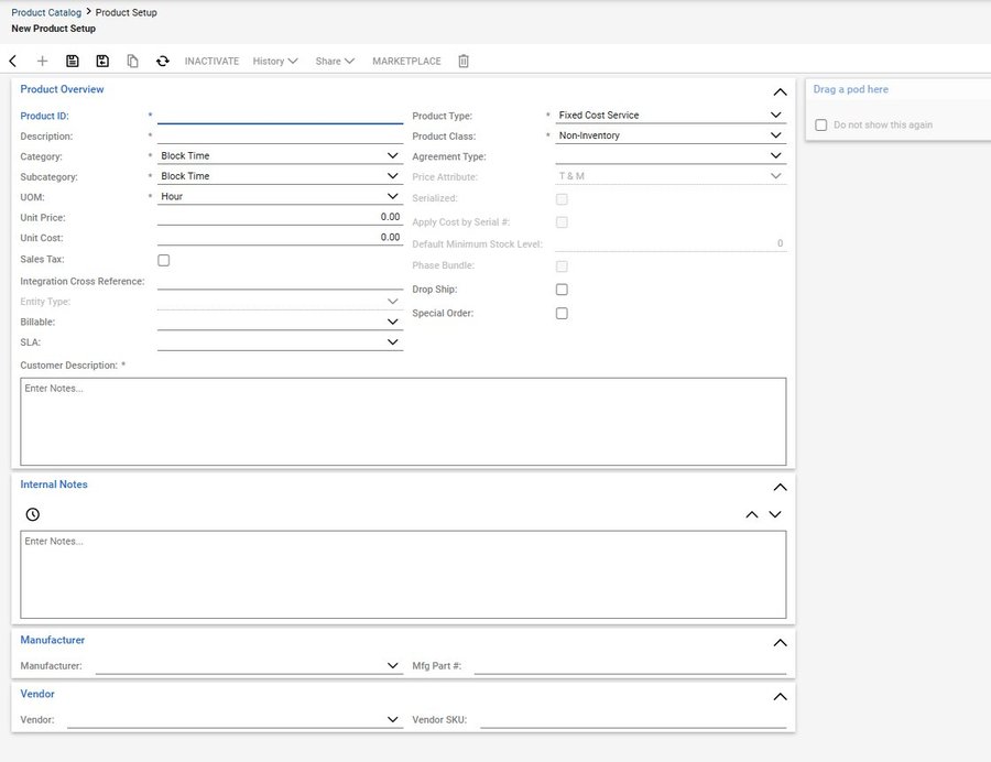 New Product Setup form in ConnectWise