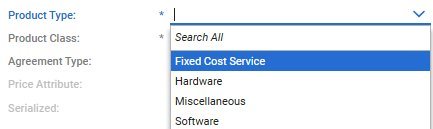 Product Type dropdown options