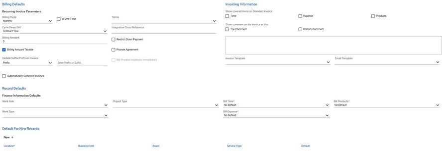 Agreement Type detail form - Billing Defaults section