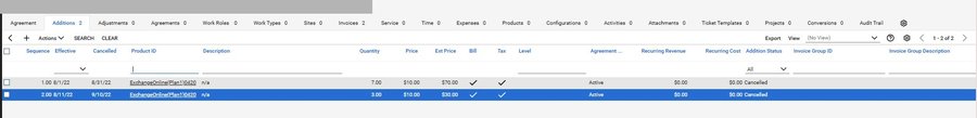 Additions tab inside a ConnectWise Agreement
