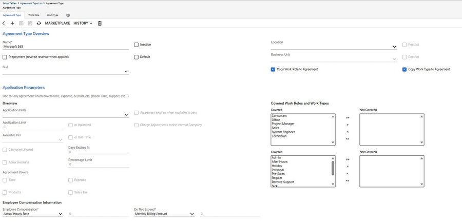 Agreement Type detail form - upper section